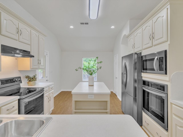 1536 Valley Creek Rd, Denton, TX 76205 - kitchen with appliances with stainless steel finishes, light wood-style flooring, lofted ceiling, a center island, and light countertops