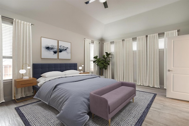 240 Gill Point Ln, Aledo, TX 76008 - bedroom with light wood-style flooring, lofted ceiling, a ceiling fan, and baseboards