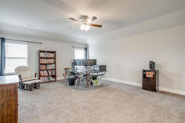 240 Gill Point Ln, Aledo, TX 76008 - home office featuring carpet floors, a ceiling fan, and baseboards