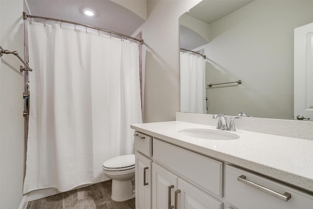 240 Gill Point Ln, Aledo, TX 76008 - bathroom with wood finished floors, toilet, vanity, and a shower with curtain