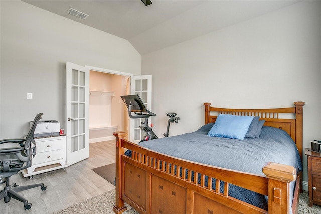 240 Gill Point Ln, Aledo, TX 76008 - bedroom with french doors, a desk, wood finished floors, lofted ceiling, and baseboards