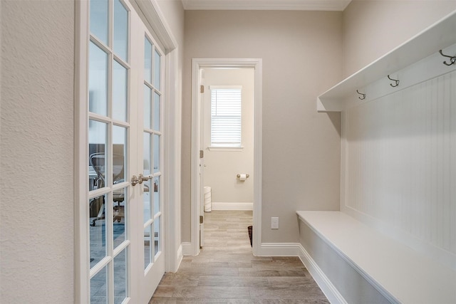240 Gill Point Ln, Aledo, TX 76008 - mudroom featuring french doors, wood finished floors, and baseboards