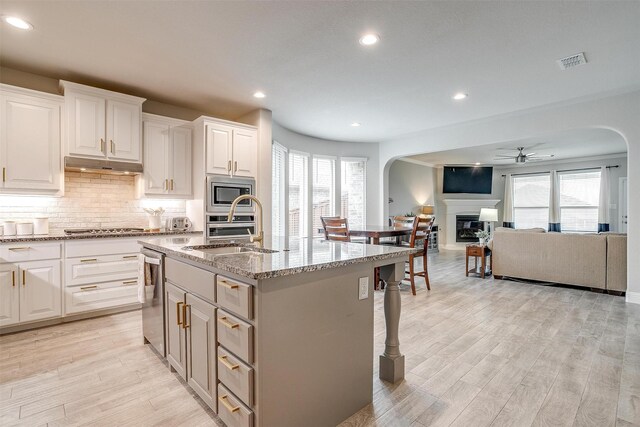 240 Gill Point Ln, Aledo, TX 76008 - kitchen with arched walkways, stainless steel appliances, a ceiling fan, under cabinet range hood, and a sink