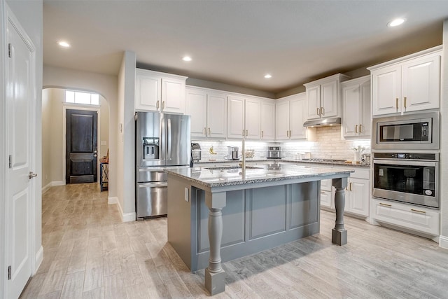 240 Gill Point Ln, Aledo, TX 76008 - kitchen with appliances with stainless steel finishes, under cabinet range hood, light wood finished floors, light stone countertops, and white cabinets