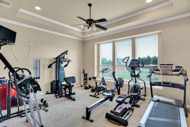 3630 Billy Ray Rd, Midlothian, TX 76065 - workout room featuring a raised ceiling, a ceiling fan, carpet, crown molding, and baseboards