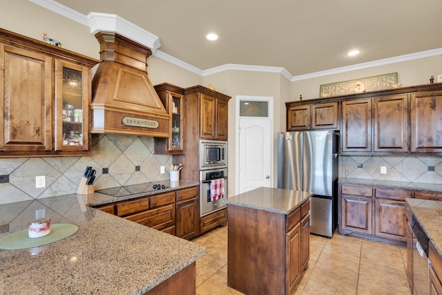 3630 Billy Ray Rd, Midlothian, TX 76065 - kitchen with appliances with stainless steel finishes, stone countertops, custom range hood, tasteful backsplash, and crown molding