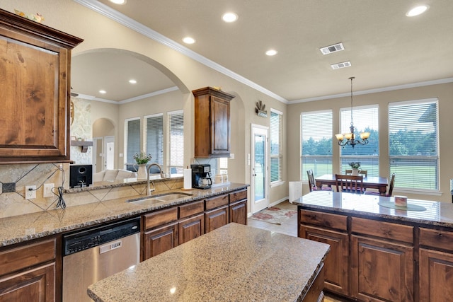 3630 Billy Ray Rd, Midlothian, TX 76065 - kitchen with dishwasher, a sink, arched walkways, a chandelier, and ornamental molding