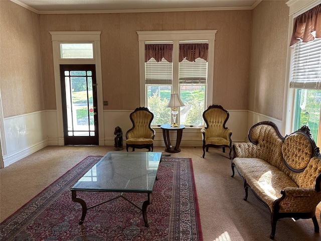 305 Quitman St, Pittsburg, TX 75686 - carpeted living area featuring healthy amount of natural light and crown molding