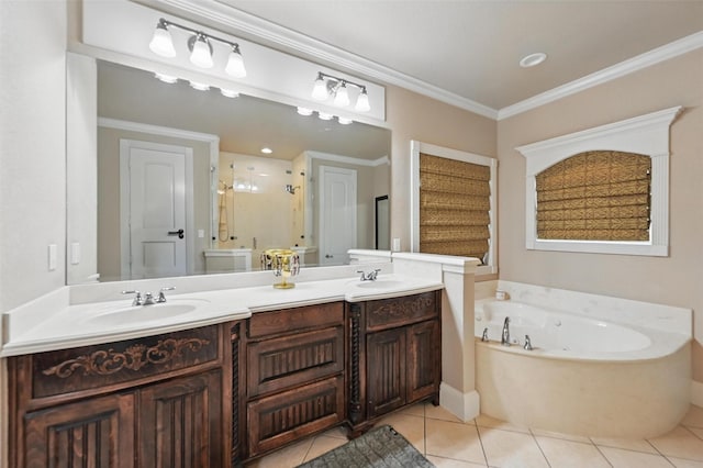 175 Robnett Rd, Waxahachie, TX 75165 - full bathroom with double vanity, tile patterned floors, a bath, crown molding, and a shower stall