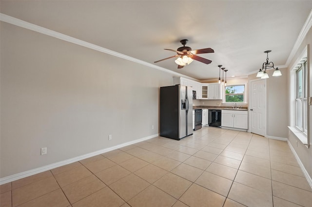 175 Robnett Rd, Waxahachie, TX 75165 - unfurnished living room featuring crown molding, a sink, light tile patterned flooring, ceiling fan, and baseboards