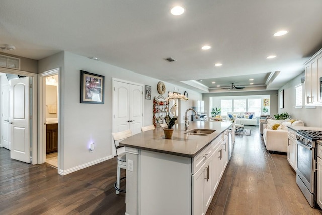 7812 Gulf Breeze Ln, Frisco, TX 75036 - kitchen featuring a sink, stainless steel range with gas stovetop, open floor plan, a tray ceiling, and dark wood-style floors