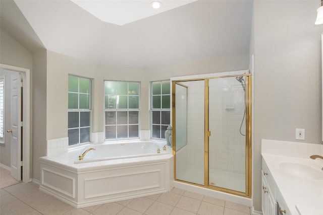 1405 San Mateo Dr, Allen, TX 75013 - bathroom featuring tile patterned flooring, a bath, a stall shower, and vanity