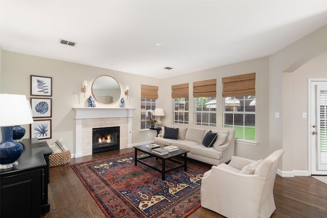 1405 San Mateo Dr, Allen, TX 75013 - living room featuring a fireplace, wood finished floors, arched walkways, and baseboards
