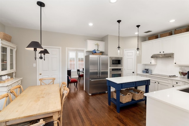 1405 San Mateo Dr, Allen, TX 75013 - kitchen featuring appliances with stainless steel finishes, under cabinet range hood, light countertops, dark wood-style flooring, and white cabinetry