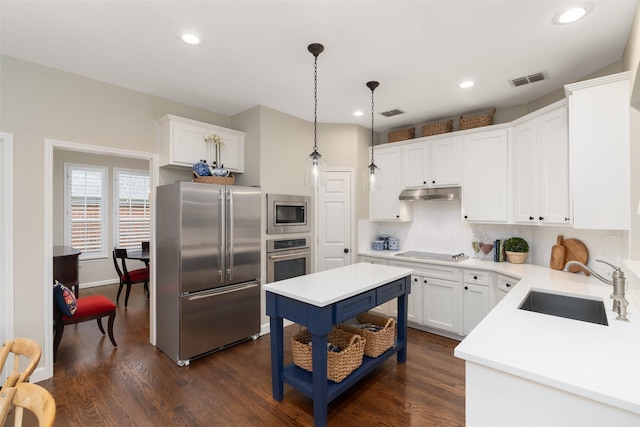 1405 San Mateo Dr, Allen, TX 75013 - kitchen with stainless steel appliances, under cabinet range hood, a sink, decorative backsplash, and dark wood-style floors