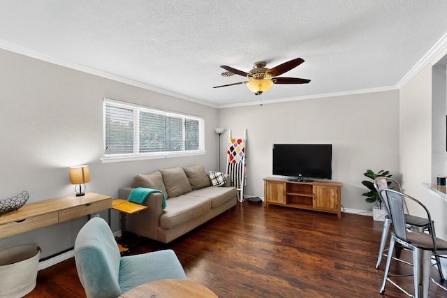 5405 Westhaven Dr, Fort Worth, TX 76132 - living area featuring crown molding, a ceiling fan, wood finished floors, and a textured ceiling