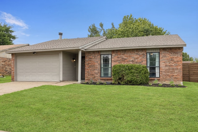 559 Bell Dr, Allen, TX 75002 - ranch-style home with concrete driveway, an attached garage, a shingled roof, and brick siding