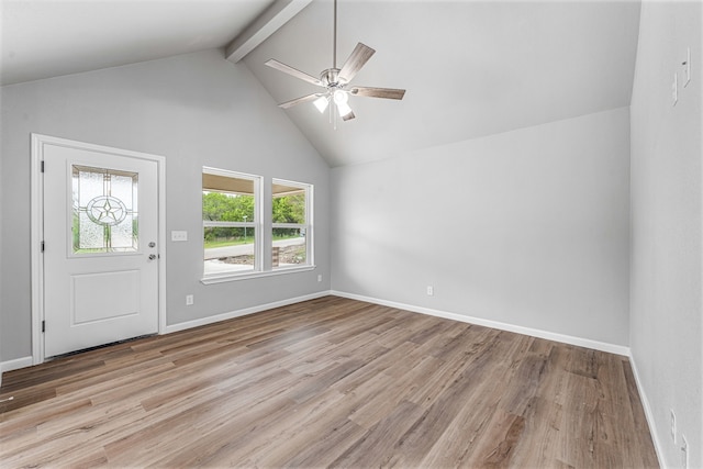 915 Comanche Cove Dr, Granbury, TX 76048 - foyer entrance with beamed ceiling, light wood-style floors, ceiling fan, high vaulted ceiling, and baseboards