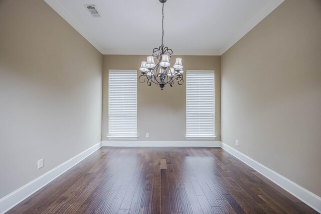7605 Chief Spotted Tail Dr, Mckinney, TX 75070 - unfurnished room featuring a chandelier, ornamental molding, dark wood-type flooring, and baseboards