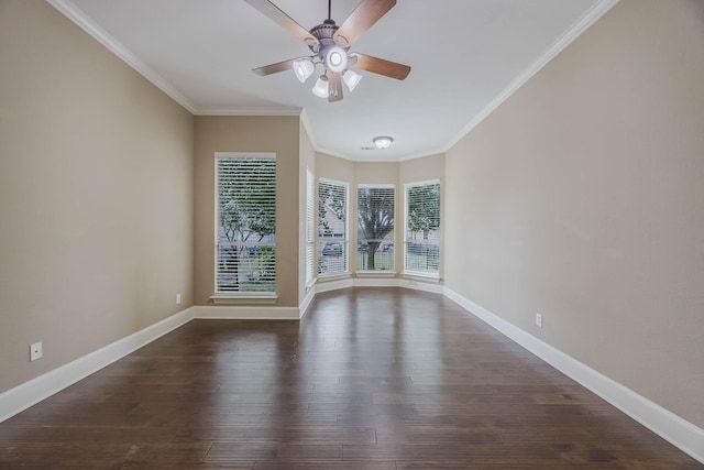 7605 Chief Spotted Tail Dr, Mckinney, TX 75070 - spare room with dark wood-style flooring, ceiling fan, ornamental molding, and baseboards