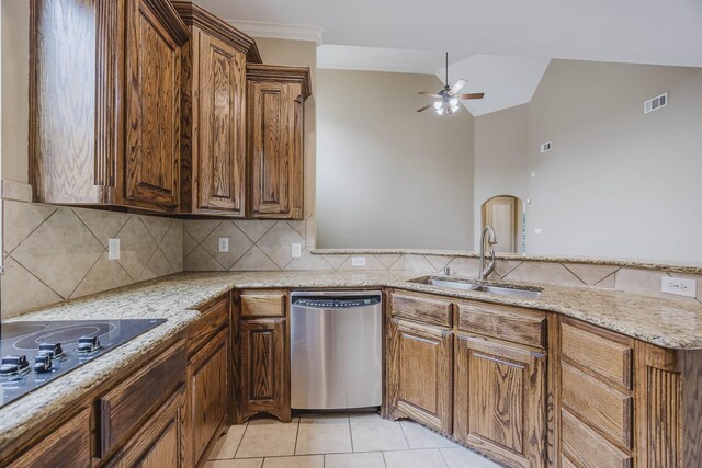 7605 Chief Spotted Tail Dr, Mckinney, TX 75070 - kitchen with dishwasher, a sink, a ceiling fan, ornamental molding, and arched walkways