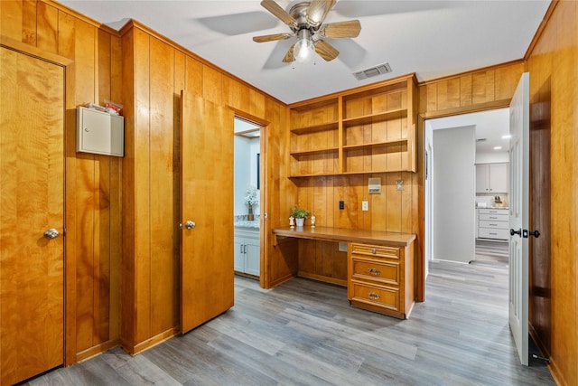 2514 Good Shepherd Dr, Brownwood, TX 76801 - home office featuring wood walls, a ceiling fan, light wood-style floors, and built in desk