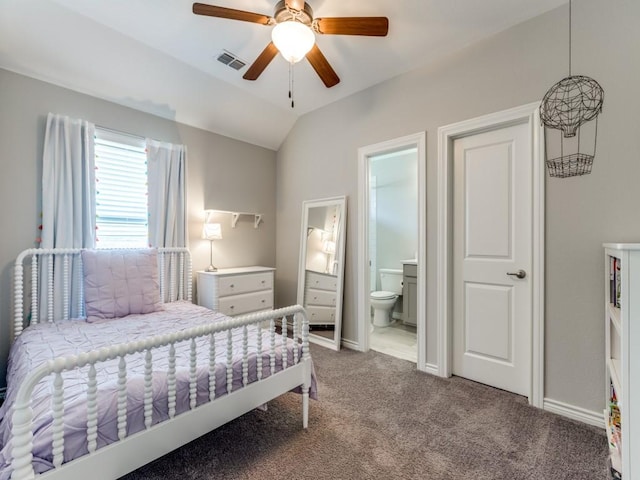 3051 Kennington Dr, Prosper, TX 75078 - carpeted bedroom featuring ensuite bath, lofted ceiling, baseboards, and ceiling fan
