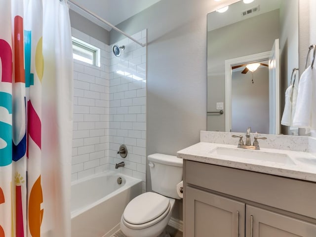 3051 Kennington Dr, Prosper, TX 75078 - bathroom featuring vanity, toilet, shower / tub combo with curtain, and ceiling fan