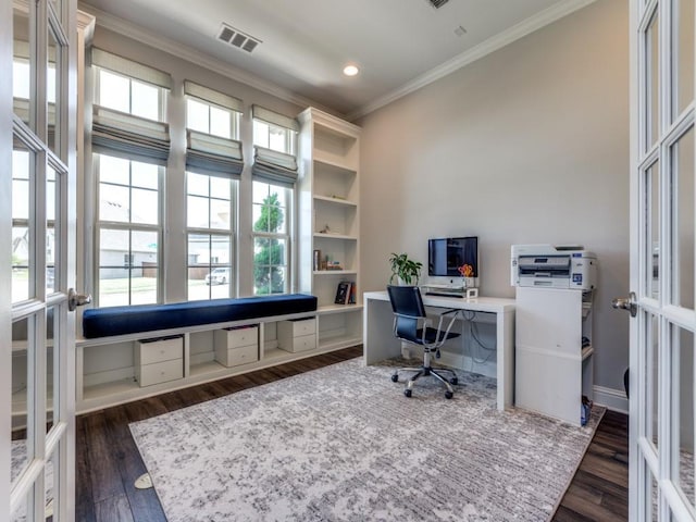 3051 Kennington Dr, Prosper, TX 75078 - home office with crown molding, dark wood-style floors, french doors, recessed lighting, and baseboards