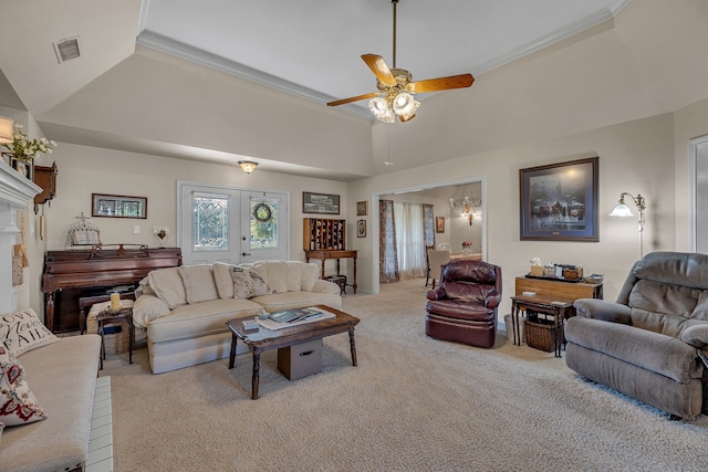 9712 Elm Creek Way, Fort Worth, TX 76140 - living area with light carpet, a raised ceiling, ceiling fan, and ornamental molding