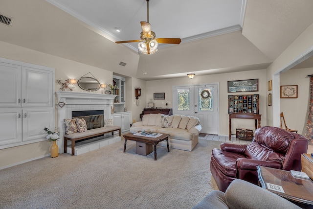 9712 Elm Creek Way, Fort Worth, TX 76140 - living area featuring light carpet, ceiling fan, a brick fireplace, ornamental molding, and baseboards