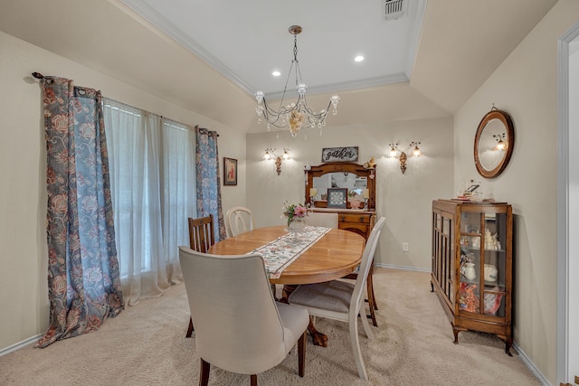 9712 Elm Creek Way, Fort Worth, TX 76140 - dining room with light carpet, a chandelier, baseboards, recessed lighting, and ornamental molding