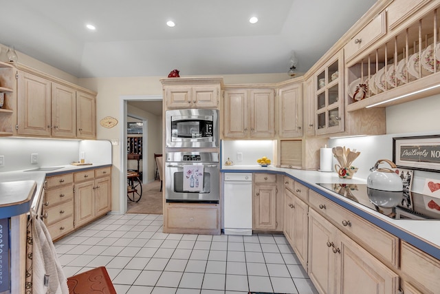 9712 Elm Creek Way, Fort Worth, TX 76140 - kitchen featuring appliances with stainless steel finishes, open shelves, light countertops, light brown cabinetry, and recessed lighting