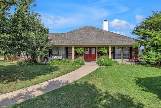 9712 Elm Creek Way, Fort Worth, TX 76140 - single story home featuring brick siding, a front lawn, a chimney, and a shingled roof