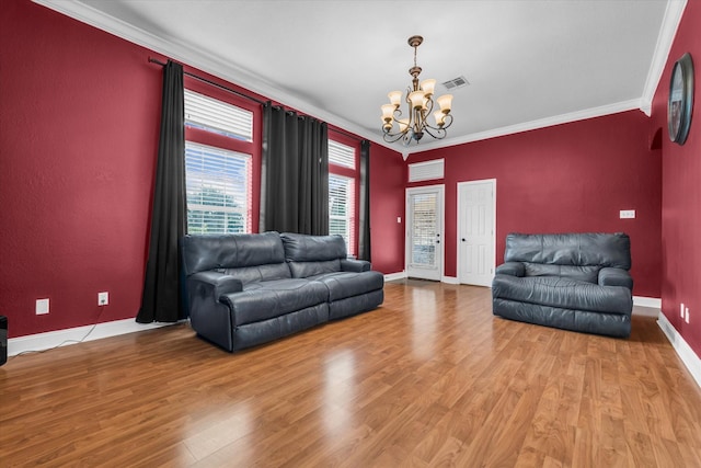 403 Gibraltar Ln, Lorena, TX 76655 - living room featuring a chandelier, ornamental molding, wood finished floors, and baseboards