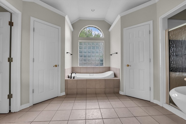 403 Gibraltar Ln, Lorena, TX 76655 - full bathroom with tiled bath, vaulted ceiling, tile patterned floors, a shower stall, and ornamental molding
