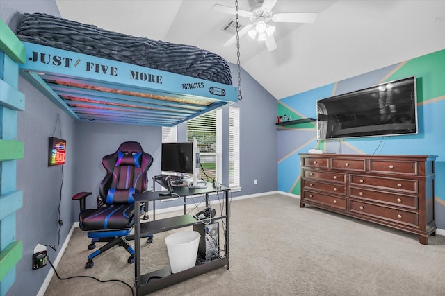 403 Gibraltar Ln, Lorena, TX 76655 - office space featuring baseboards, carpet flooring, vaulted ceiling, and a ceiling fan