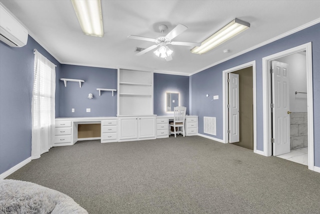 403 Gibraltar Ln, Lorena, TX 76655 - bedroom with a wall mounted air conditioner, carpet floors, ornamental molding, baseboards, and ceiling fan