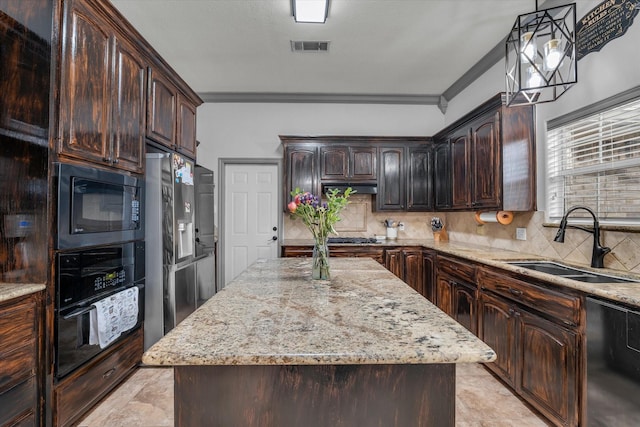 403 Gibraltar Ln, Lorena, TX 76655 - kitchen featuring a sink, black appliances, dark brown cabinetry, backsplash, and ornamental molding