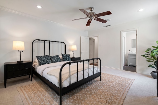 6533 Axton Cir, Dallas, TX 75214 - bedroom with carpet flooring, crown molding, baseboards, recessed lighting, and ceiling fan