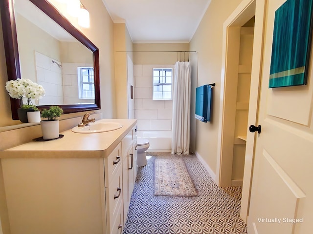 2107 Homan Ave, Waco, TX 76707 - full bath featuring vanity, shower / tub combo, tile patterned flooring, and ornamental molding