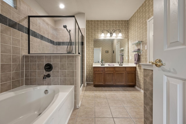 515 Angela Ln, Euless, TX 76039 - full bathroom with a tile shower, a bathtub, double vanity, tile patterned floors, and baseboards
