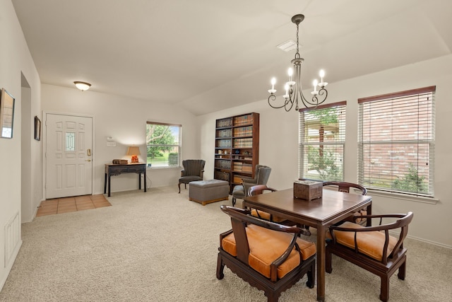 515 Angela Ln, Euless, TX 76039 - dining space featuring carpet flooring, a chandelier, vaulted ceiling, and baseboards