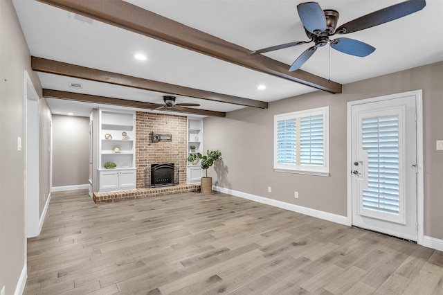 1904 Alston St, Arlington, TX 76013 - unfurnished living room featuring ceiling fan, baseboards, light wood-style flooring, beam ceiling, and recessed lighting