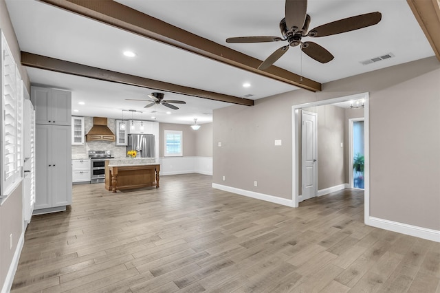 1904 Alston St, Arlington, TX 76013 - living area featuring a ceiling fan, beam ceiling, baseboards, light wood finished floors, and recessed lighting