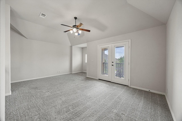 946 Mangrove Dr, Fate, TX 75087 - unfurnished room featuring vaulted ceiling, ceiling fan, carpet floors, french doors, and baseboards