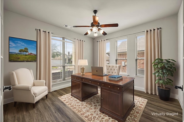 946 Mangrove Dr, Fate, TX 75087 - office area featuring a ceiling fan, dark wood-style floors, and baseboards