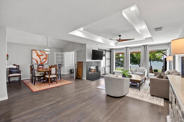 5556 Canada Ct, Rockwall, TX 75032 - living room featuring ceiling fan, a raised ceiling, baseboards, dark wood finished floors, and recessed lighting