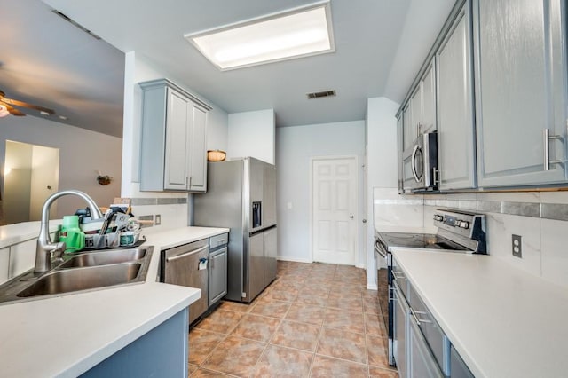 1004 Broken Spoke Dr, Little Elm, TX 75068 - kitchen featuring stainless steel appliances, a sink, backsplash, a ceiling fan, and gray cabinets