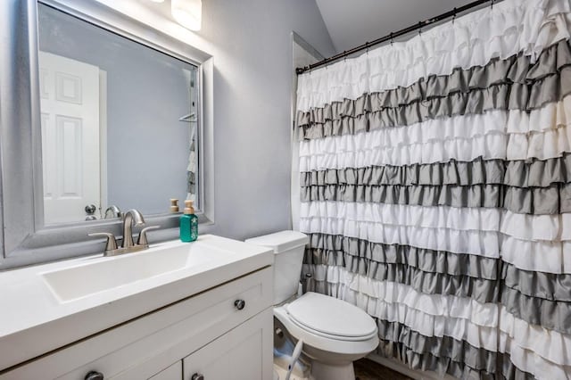 1004 Broken Spoke Dr, Little Elm, TX 75068 - bathroom featuring toilet, vanity, lofted ceiling, and a shower with shower curtain